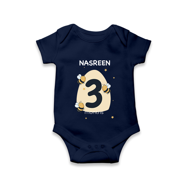 Baby Romper Birthday Outfit - 3rd Month | Personalized Bodysuit | Cozy Cotton Fabric - NAVY BLUE - New Born (Chest 14")