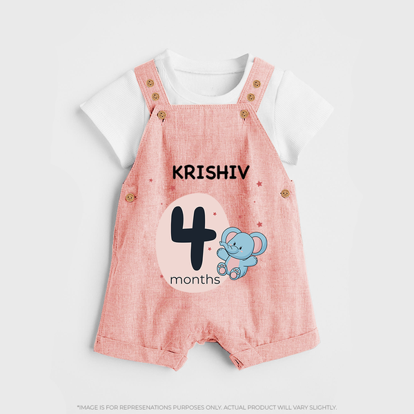 Baby Dungaree Set Birthday Outfit - 4th Month | Personalized Dungaree Set | Cozy Cotton Fabric - PEACH - 0 - 5 Months Old (Chest 18")