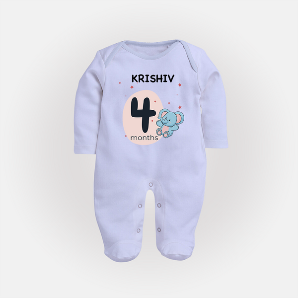 Baby Full Sleeve Bodysuit/ Sleep Suit/ Jumpsuit Birthday Outfit - 4th Month | Personalized Full Sleeve Bodysuit/ Sleep Suit/ Jumpsuit | Cozy Cotton Fabric - BABY BLUE - New Born (Chest 7.5")