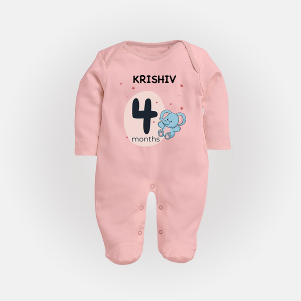 Baby Full Sleeve Bodysuit/ Sleep Suit/ Jumpsuit Birthday Outfit - 4th Month | Personalized Full Sleeve Bodysuit/ Sleep Suit/ Jumpsuit | Cozy Cotton Fabric - BABY PINK - New Born (Chest 7.5")
