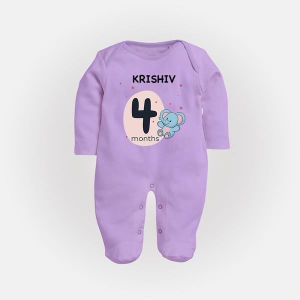 Baby Full Sleeve Bodysuit/ Sleep Suit/ Jumpsuit Birthday Outfit - 4th Month | Personalized Full Sleeve Bodysuit/ Sleep Suit/ Jumpsuit | Cozy Cotton Fabric - LILAC - New Born (Chest 7.5")