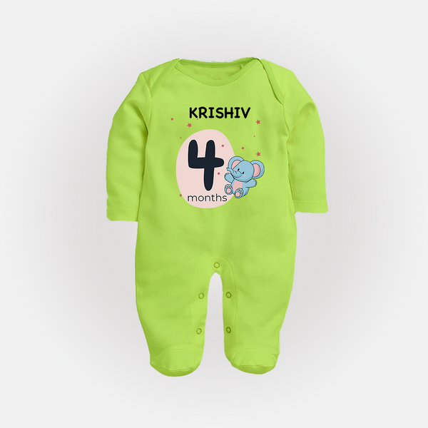 Baby Full Sleeve Bodysuit/ Sleep Suit/ Jumpsuit Birthday Outfit - 4th Month | Personalized Full Sleeve Bodysuit/ Sleep Suit/ Jumpsuit | Cozy Cotton Fabric - LIME GREEN - New Born (Chest 7.5")