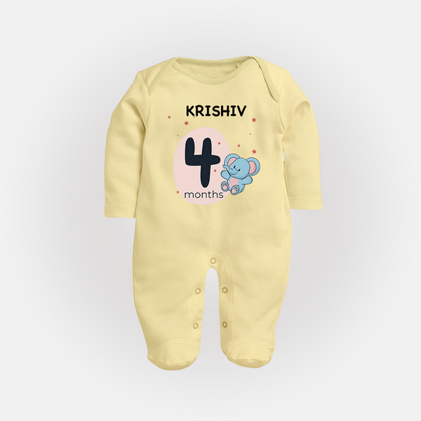 Baby Full Sleeve Bodysuit/ Sleep Suit/ Jumpsuit Birthday Outfit - 4th Month | Personalized Full Sleeve Bodysuit/ Sleep Suit/ Jumpsuit | Cozy Cotton Fabric - PASTEL YELLOW - New Born (Chest 7.5")