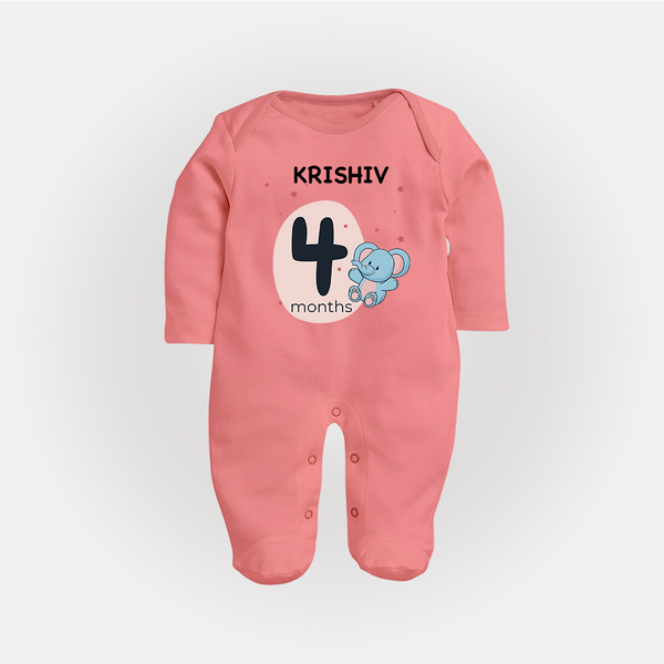 Baby Full Sleeve Bodysuit/ Sleep Suit/ Jumpsuit Birthday Outfit - 4th Month | Personalized Full Sleeve Bodysuit/ Sleep Suit/ Jumpsuit | Cozy Cotton Fabric - PEACH - New Born (Chest 7.5")