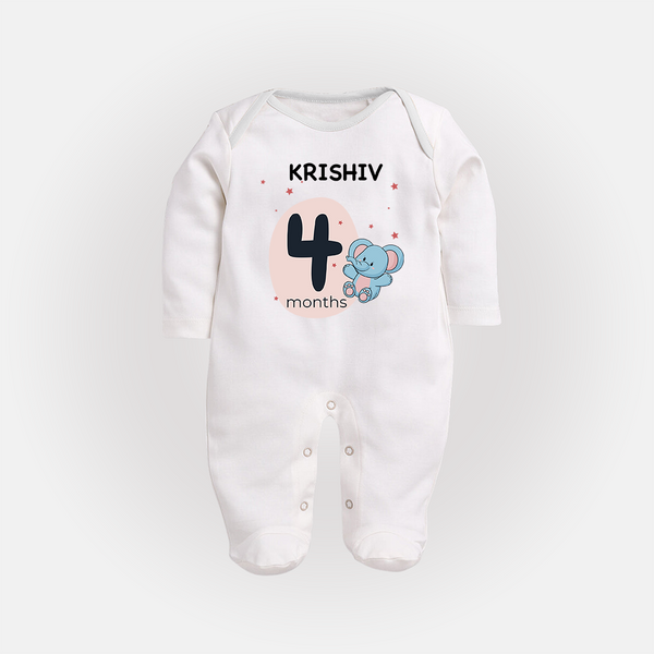 Baby Full Sleeve Bodysuit/ Sleep Suit/ Jumpsuit Birthday Outfit - 4th Month | Personalized Full Sleeve Bodysuit/ Sleep Suit/ Jumpsuit | Cozy Cotton Fabric - WHITE - New Born (Chest 7.5")
