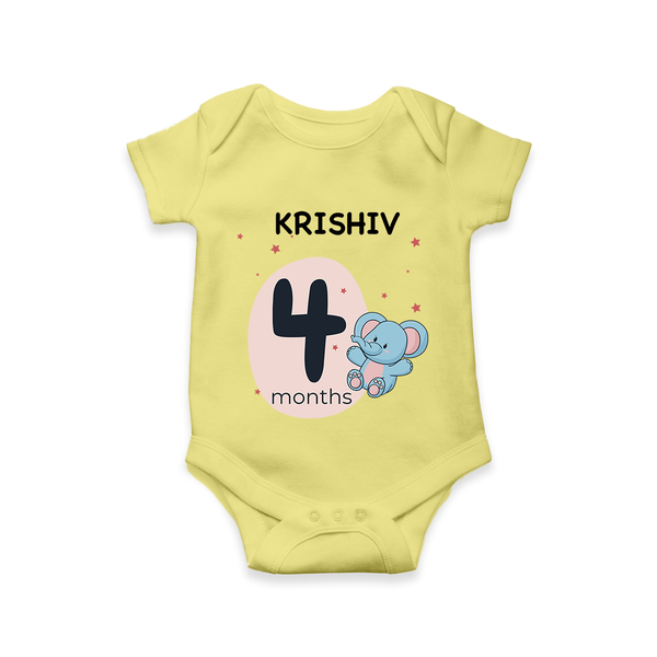 Baby Romper Birthday Outfit - 4th Month | Personalized Bodysuit | Cozy Cotton Fabric - PASTEL YELLOW - New Born (Chest 14")