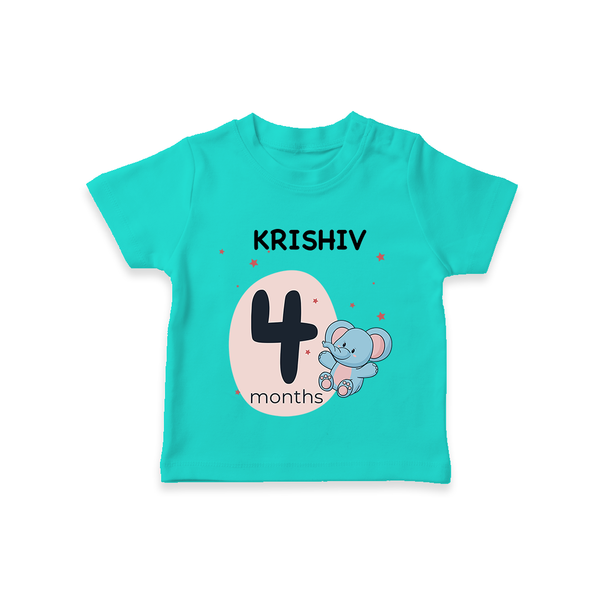 Baby T-Shirt Birthday Outfit - 4th Month | Personalized T-Shirt | Cozy Cotton Fabric - TEAL - 0-5 Months Old (Chest 17")