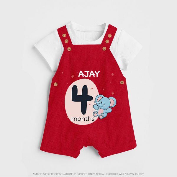 Baby Dungaree Set Birthday Outfit - 4th Month | Personalized Dungaree Set | Cozy Cotton Fabric - RED - 0 - 5 Months Old (Chest 18")