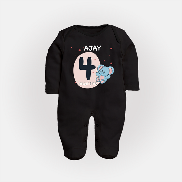 Baby Full Sleeve Bodysuit/ Sleep Suit/ Jumpsuit Birthday Outfit - 4th Month | Personalized Full Sleeve Bodysuit/ Sleep Suit/ Jumpsuit | Cozy Cotton Fabric - BLACK - New Born (Chest 7.5")