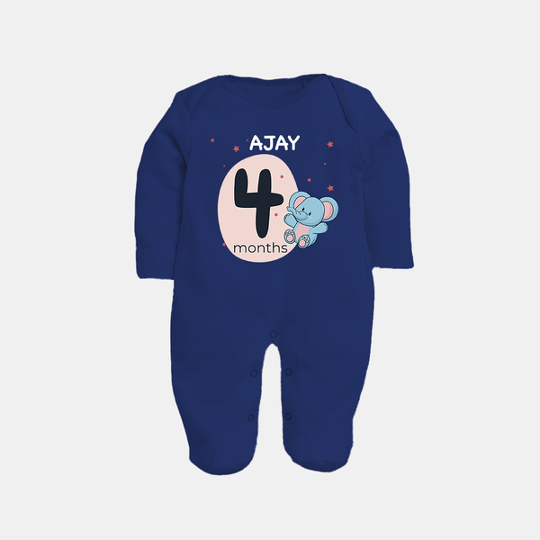 Baby Full Sleeve Bodysuit/ Sleep Suit/ Jumpsuit Birthday Outfit - 4th Month | Personalized Full Sleeve Bodysuit/ Sleep Suit/ Jumpsuit | Cozy Cotton Fabric - NAVY BLUE - New Born (Chest 7.5")