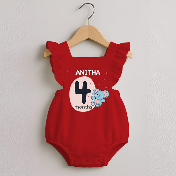 Baby Romper Frock Birthday Outfit - 4th Month | Personalized Romper Frock | Cozy Cotton Fabric - RED - 0 - 3 Months Old (Chest 19")