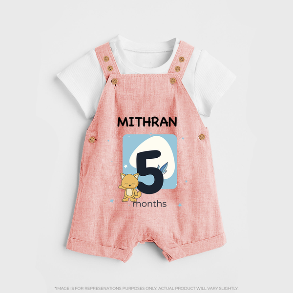 Baby Dungaree Set Birthday Outfit - 5th Month | Personalized Dungaree Set | Cozy Cotton Fabric - PEACH - 0 - 5 Months Old (Chest 18")