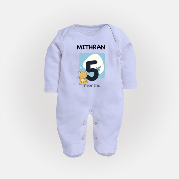 Baby Full Sleeve Bodysuit/ Sleep Suit/ Jumpsuit Birthday Outfit - 5th Month | Personalized Full Sleeve Bodysuit/ Sleep Suit/ Jumpsuit | Cozy Cotton Fabric - BABY BLUE - New Born (Chest 7.5")