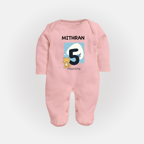 Baby Full Sleeve Bodysuit/ Sleep Suit/ Jumpsuit Birthday Outfit - 5th Month | Personalized Full Sleeve Bodysuit/ Sleep Suit/ Jumpsuit | Cozy Cotton Fabric - BABY PINK - New Born (Chest 7.5")