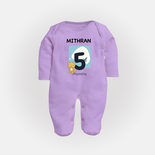 Baby Full Sleeve Bodysuit/ Sleep Suit/ Jumpsuit Birthday Outfit - 5th Month | Personalized Full Sleeve Bodysuit/ Sleep Suit/ Jumpsuit | Cozy Cotton Fabric - LILAC - New Born (Chest 7.5")