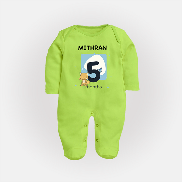 Baby Full Sleeve Bodysuit/ Sleep Suit/ Jumpsuit Birthday Outfit - 5th Month | Personalized Full Sleeve Bodysuit/ Sleep Suit/ Jumpsuit | Cozy Cotton Fabric - LIME GREEN - New Born (Chest 7.5")