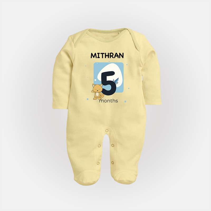 Baby Full Sleeve Bodysuit/ Sleep Suit/ Jumpsuit Birthday Outfit - 5th Month | Personalized Full Sleeve Bodysuit/ Sleep Suit/ Jumpsuit | Cozy Cotton Fabric - PASTEL YELLOW - New Born (Chest 7.5")