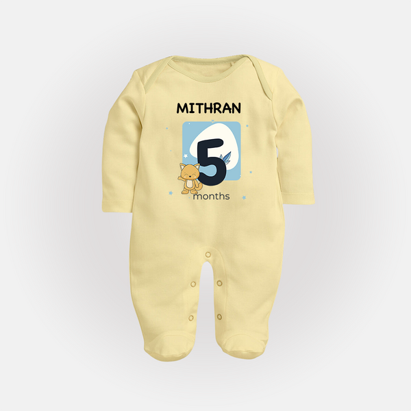 Baby Full Sleeve Bodysuit/ Sleep Suit/ Jumpsuit Birthday Outfit - 5th Month | Personalized Full Sleeve Bodysuit/ Sleep Suit/ Jumpsuit | Cozy Cotton Fabric - PASTEL YELLOW - New Born (Chest 7.5")