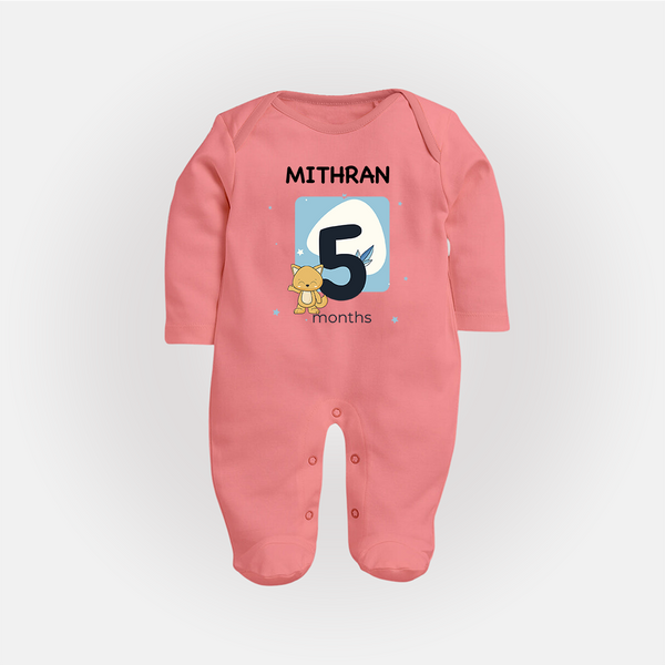 Baby Full Sleeve Bodysuit/ Sleep Suit/ Jumpsuit Birthday Outfit - 5th Month | Personalized Full Sleeve Bodysuit/ Sleep Suit/ Jumpsuit | Cozy Cotton Fabric - PEACH - New Born (Chest 7.5")