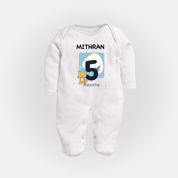 Baby Full Sleeve Bodysuit/ Sleep Suit/ Jumpsuit Birthday Outfit - 5th Month | Personalized Full Sleeve Bodysuit/ Sleep Suit/ Jumpsuit | Cozy Cotton Fabric - WHITE - New Born (Chest 7.5")
