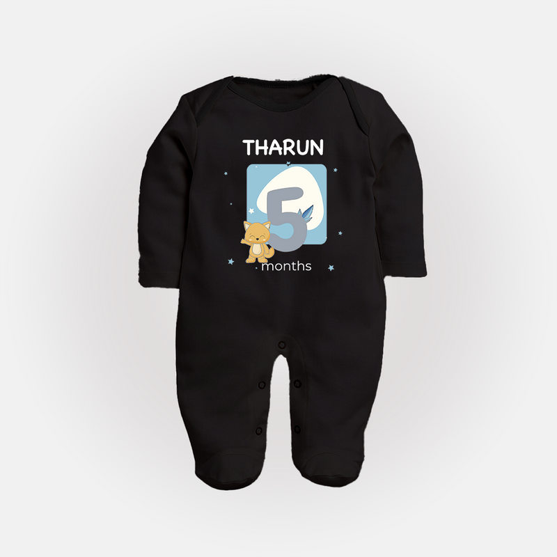 Baby Full Sleeve Bodysuit/ Sleep Suit/ Jumpsuit Birthday Outfit - 5th Month | Personalized Full Sleeve Bodysuit/ Sleep Suit/ Jumpsuit | Cozy Cotton Fabric - BLACK - New Born (Chest 7.5")