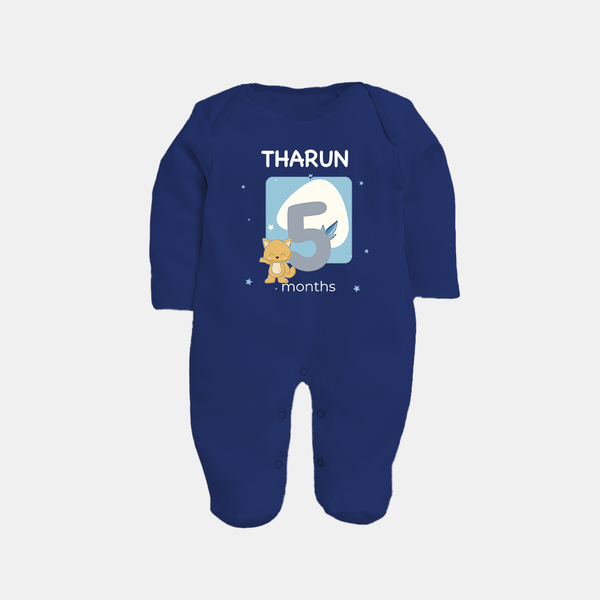 Baby Full Sleeve Bodysuit/ Sleep Suit/ Jumpsuit Birthday Outfit - 5th Month | Personalized Full Sleeve Bodysuit/ Sleep Suit/ Jumpsuit | Cozy Cotton Fabric - NAVY BLUE - New Born (Chest 7.5")