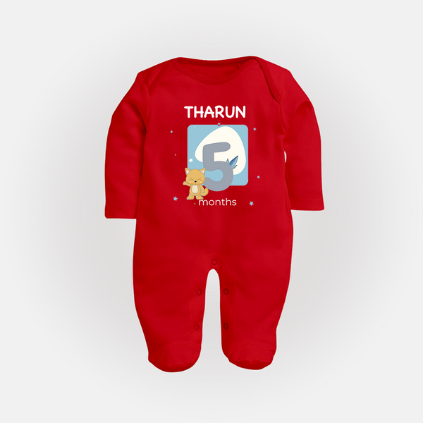 Baby Full Sleeve Bodysuit/ Sleep Suit/ Jumpsuit Birthday Outfit - 5th Month | Personalized Full Sleeve Bodysuit/ Sleep Suit/ Jumpsuit | Cozy Cotton Fabric - RED - New Born (Chest 7.5")