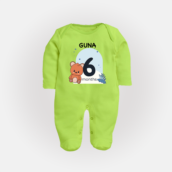 Baby Full Sleeve Bodysuit/ Sleep Suit/ Jumpsuit Birthday Outfit - 6th Month | Personalized Full Sleeve Bodysuit/ Sleep Suit/ Jumpsuit | Cozy Cotton Fabric - LIME GREEN - New Born (Chest 7.5")