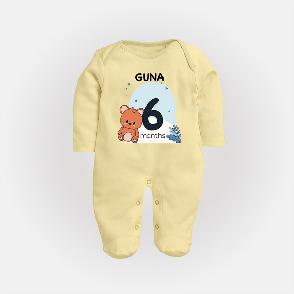 Baby Full Sleeve Bodysuit/ Sleep Suit/ Jumpsuit Birthday Outfit - 6th Month | Personalized Full Sleeve Bodysuit/ Sleep Suit/ Jumpsuit | Cozy Cotton Fabric - PASTEL YELLOW - New Born (Chest 7.5")