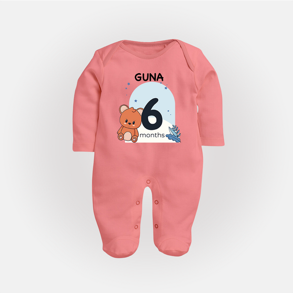Baby Full Sleeve Bodysuit/ Sleep Suit/ Jumpsuit Birthday Outfit - 6th Month | Personalized Full Sleeve Bodysuit/ Sleep Suit/ Jumpsuit | Cozy Cotton Fabric - PEACH - New Born (Chest 7.5")