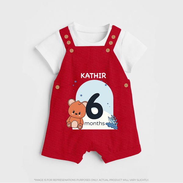 Baby Dungaree Set Birthday Outfit - 6th Month | Personalized Dungaree Set | Cozy Cotton Fabric - RED - 0 - 5 Months Old (Chest 18")
