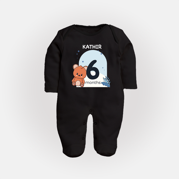 Baby Full Sleeve Bodysuit/ Sleep Suit/ Jumpsuit Birthday Outfit - 6th Month | Personalized Full Sleeve Bodysuit/ Sleep Suit/ Jumpsuit | Cozy Cotton Fabric - BLACK - New Born (Chest 7.5")