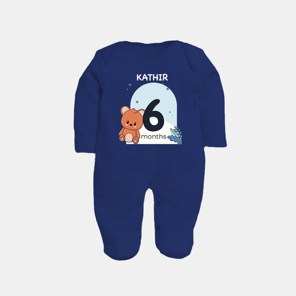 Baby Full Sleeve Bodysuit/ Sleep Suit/ Jumpsuit Birthday Outfit - 6th Month | Personalized Full Sleeve Bodysuit/ Sleep Suit/ Jumpsuit | Cozy Cotton Fabric - NAVY BLUE - New Born (Chest 7.5")