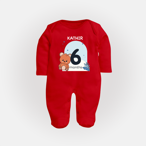 Baby Full Sleeve Bodysuit/ Sleep Suit/ Jumpsuit Birthday Outfit - 6th Month | Personalized Full Sleeve Bodysuit/ Sleep Suit/ Jumpsuit | Cozy Cotton Fabric - RED - New Born (Chest 7.5")