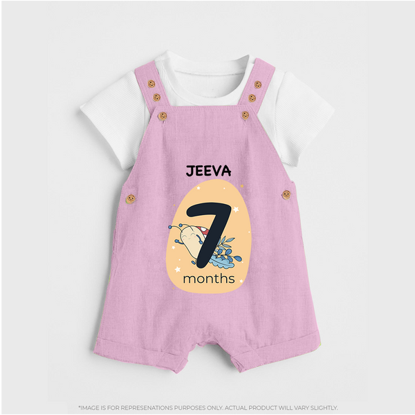 Baby Dungaree Set Birthday Outfit - 7th Month | Personalized Dungaree Set | Cozy Cotton Fabric - BABY PINK - 0 - 5 Months Old (Chest 18")