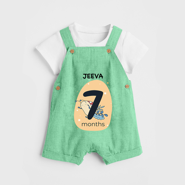 Baby Dungaree Set Birthday Outfit - 7th Month | Personalized Dungaree Set | Cozy Cotton Fabric - GREEN - 0 - 5 Months Old (Chest 18")
