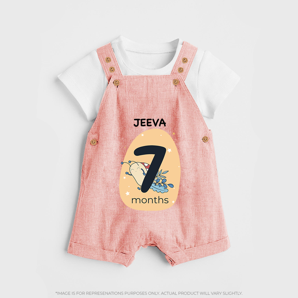 Baby Dungaree Set Birthday Outfit - 7th Month | Personalized Dungaree Set | Cozy Cotton Fabric - PEACH - 0 - 5 Months Old (Chest 18")