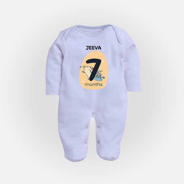 Baby Full Sleeve Bodysuit/ Sleep Suit/ Jumpsuit Birthday Outfit - 7th Month | Personalized Full Sleeve Bodysuit/ Sleep Suit/ Jumpsuit | Cozy Cotton Fabric - BABY BLUE - New Born (Chest 7.5")