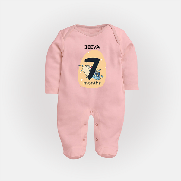 Baby Full Sleeve Bodysuit/ Sleep Suit/ Jumpsuit Birthday Outfit - 7th Month | Personalized Full Sleeve Bodysuit/ Sleep Suit/ Jumpsuit | Cozy Cotton Fabric - BABY PINK - New Born (Chest 7.5")