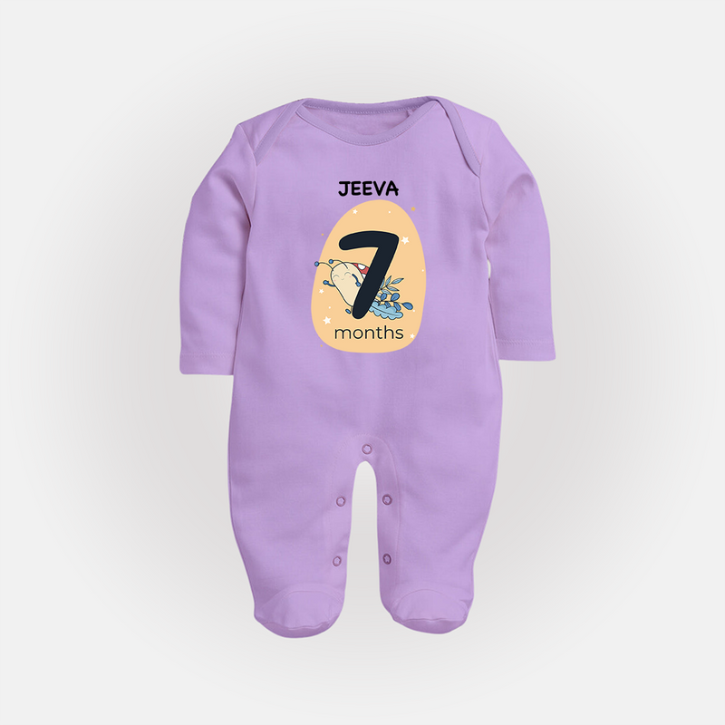 Baby Full Sleeve Bodysuit/ Sleep Suit/ Jumpsuit Birthday Outfit - 7th Month | Personalized Full Sleeve Bodysuit/ Sleep Suit/ Jumpsuit | Cozy Cotton Fabric - LILAC - New Born (Chest 7.5")