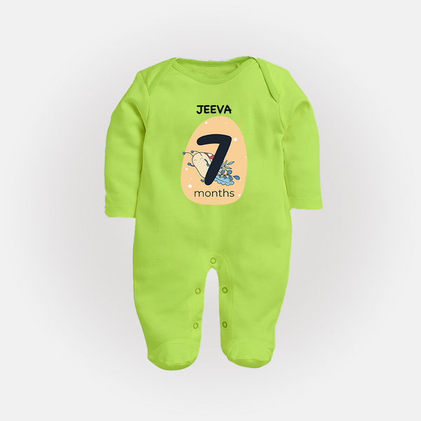 Baby Full Sleeve Bodysuit/ Sleep Suit/ Jumpsuit Birthday Outfit - 7th Month | Personalized Full Sleeve Bodysuit/ Sleep Suit/ Jumpsuit | Cozy Cotton Fabric - LIME GREEN - New Born (Chest 7.5")