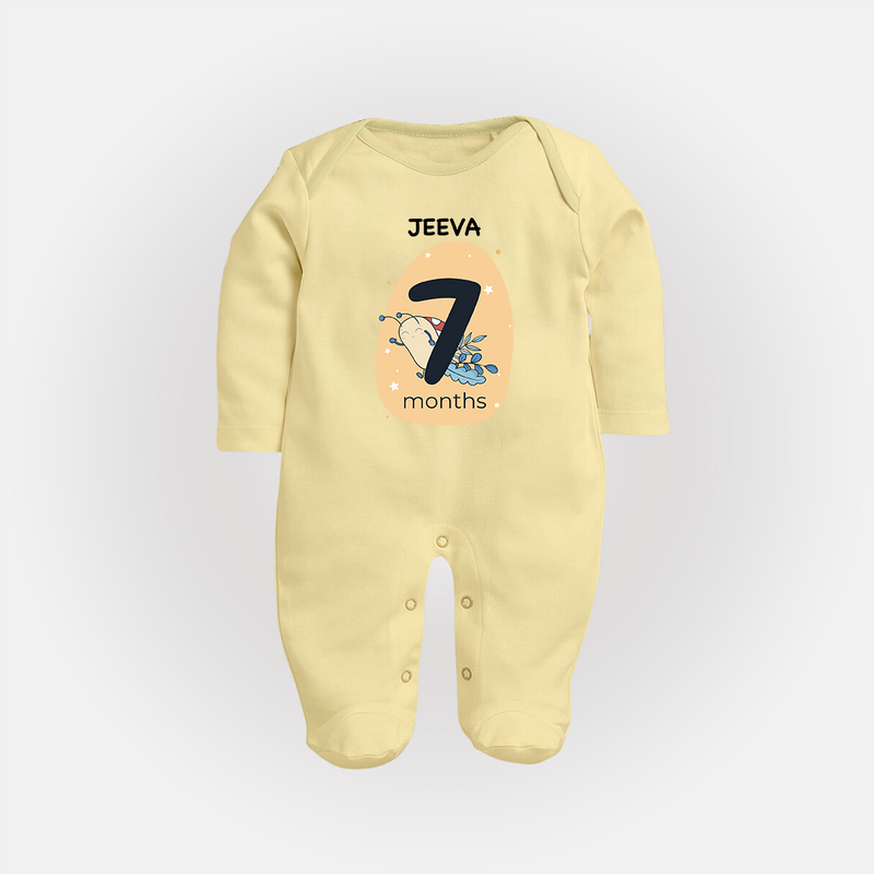 Baby Full Sleeve Bodysuit/ Sleep Suit/ Jumpsuit Birthday Outfit - 7th Month | Personalized Full Sleeve Bodysuit/ Sleep Suit/ Jumpsuit | Cozy Cotton Fabric - PASTEL YELLOW - New Born (Chest 7.5")