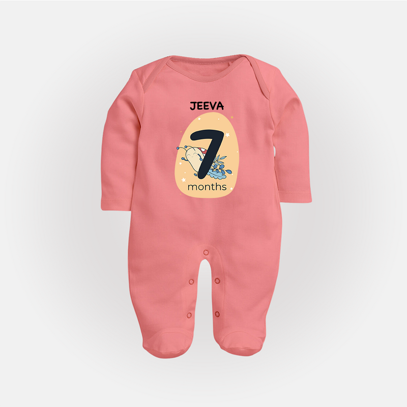 Baby Full Sleeve Bodysuit/ Sleep Suit/ Jumpsuit Birthday Outfit - 7th Month | Personalized Full Sleeve Bodysuit/ Sleep Suit/ Jumpsuit | Cozy Cotton Fabric - PEACH - New Born (Chest 7.5")