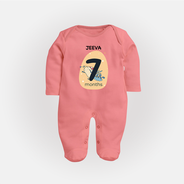 Baby Full Sleeve Bodysuit/ Sleep Suit/ Jumpsuit Birthday Outfit - 7th Month | Personalized Full Sleeve Bodysuit/ Sleep Suit/ Jumpsuit | Cozy Cotton Fabric - PEACH - New Born (Chest 7.5")