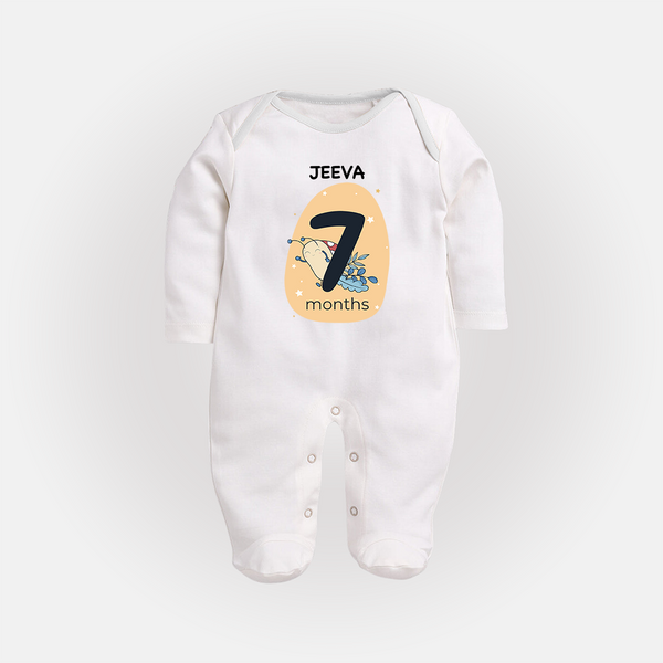 Baby Full Sleeve Bodysuit/ Sleep Suit/ Jumpsuit Birthday Outfit - 7th Month | Personalized Full Sleeve Bodysuit/ Sleep Suit/ Jumpsuit | Cozy Cotton Fabric - WHITE - New Born (Chest 7.5")