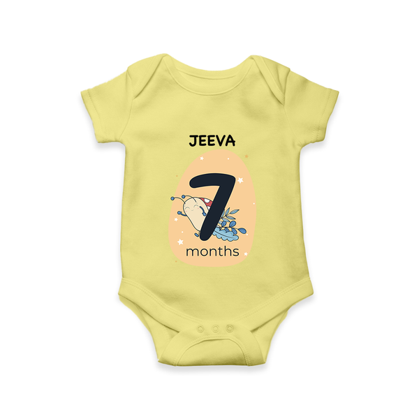 Baby Romper Birthday Outfit - 7th Month | Personalized Bodysuit | Cozy Cotton Fabric - PASTEL YELLOW - New Born (Chest 14")