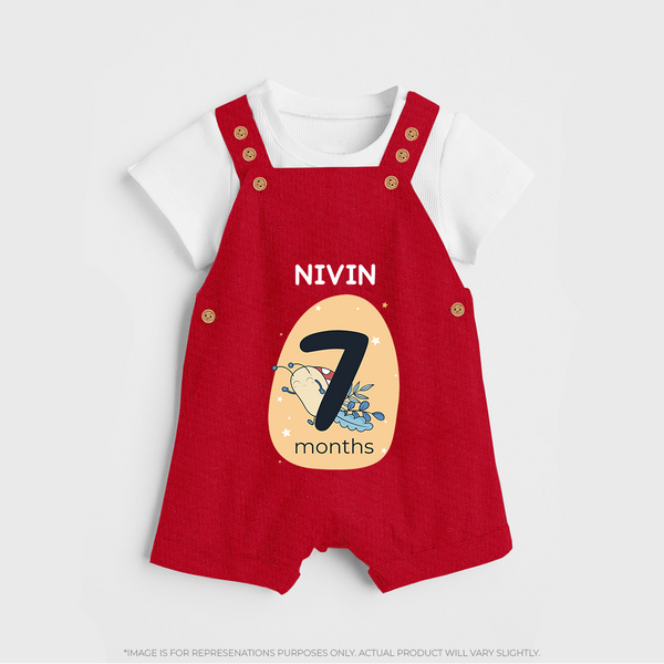 Baby Dungaree Set Birthday Outfit - 7th Month | Personalized Dungaree Set | Cozy Cotton Fabric - RED - 0 - 5 Months Old (Chest 18")