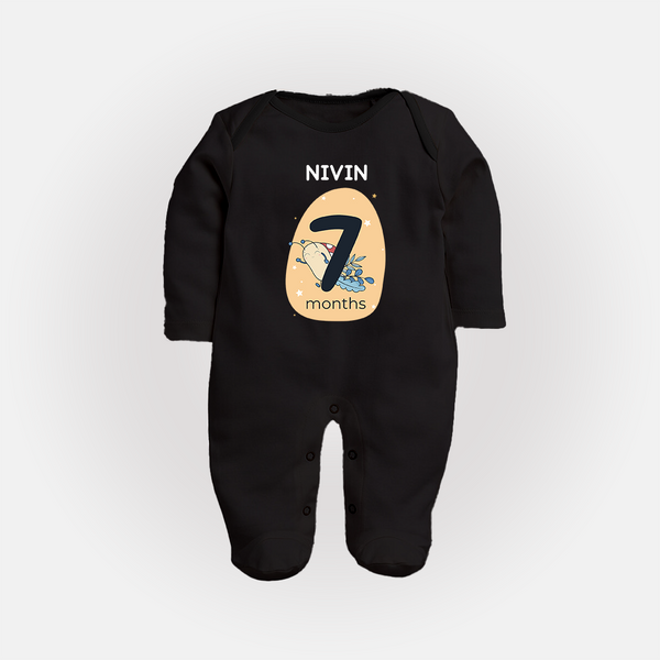 Baby Full Sleeve Bodysuit/ Sleep Suit/ Jumpsuit Birthday Outfit - 7th Month | Personalized Full Sleeve Bodysuit/ Sleep Suit/ Jumpsuit | Cozy Cotton Fabric - BLACK - New Born (Chest 7.5")
