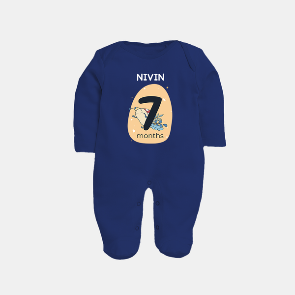 Baby Full Sleeve Bodysuit/ Sleep Suit/ Jumpsuit Birthday Outfit - 7th Month | Personalized Full Sleeve Bodysuit/ Sleep Suit/ Jumpsuit | Cozy Cotton Fabric - NAVY BLUE - New Born (Chest 7.5")