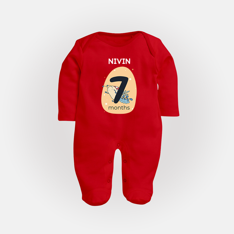 Baby Full Sleeve Bodysuit/ Sleep Suit/ Jumpsuit Birthday Outfit - 7th Month | Personalized Full Sleeve Bodysuit/ Sleep Suit/ Jumpsuit | Cozy Cotton Fabric - RED - New Born (Chest 7.5")